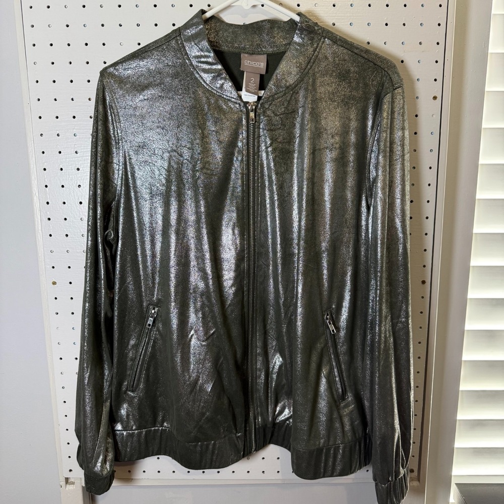 Chico's Bomber Jacket Women's Large Metallic Zipper Long Sleeve Hooded Light